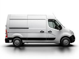 White cargo van, side profile view, detailed design, smooth lines, visible wheel rims, modern headlights, sleek door handle, tinted windows, black trim, overall clean and polished look photo