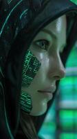 A close-up profile of a person in a hood with digital green code projected onto their face, conveying a futuristic theme. The eyes are focused, and the scene is illuminated with green light photo