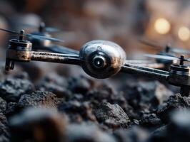 A metal drone with multiple propellers appears to be flying low over rough, rocky terrain. The camera is focused on the drone's body, highlighting its sleek, industrial design photo