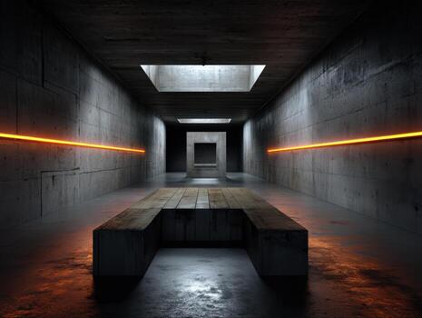 Concrete corridor with geometric design, featuring two parallel orange light lines on the textured walls. Central wooden block creates symmetry, while skylights add dramatic lighting photo