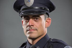 Serious male officer in uniform, wearing a blue cap with badge, looks directly at camera. Microphone and badges visible on the dark uniform shirt. Expression is confident, focused photo
