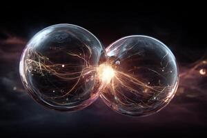 Transparent spheres collide against dark backdrop, emitting glowing, tangled golden light and spark-like lines. The image conveys science and energy dynamics with an ethereal touch photo