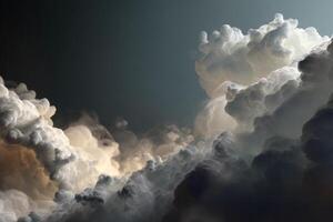 Towering clouds with dramatic shadows and highlights dominate the sky, creating a sense of depth and atmosphere with a blend of dark and light hues photo