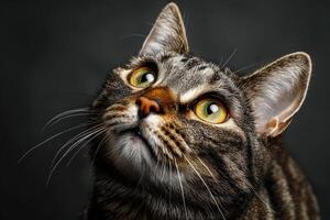 Close-up of a tabby cat with striking yellow eyes gazing upward. The detailed fur pattern and attentive expression create a captivating and focused mood, highlighting its alertness photo