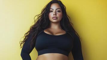 Curly-haired woman with confident expression, wearing a black long-sleeve top, stands against a yellow background. Her pose is empowering and highlights her natural beauty photo