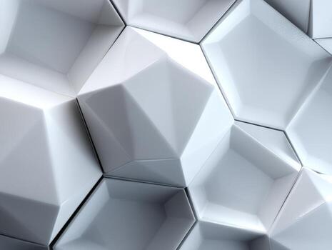 Futuristic geometric pattern of interconnected 3D polyhedral shapes, featuring a glossy texture with gray tones and intricate facets creating depth and modern aesthetic appeal photo