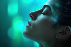 Serene close-up of a woman with closed eyes, illuminated by soft blue-green light, highlighting her calm expression and skin texture. Dreamy atmosphere with gentle focus on features photo