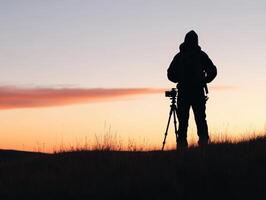 Silhouette of a person with a backpack and tripod, standing on grassy hill at golden hour. Sky displays gradient of orange to blue. Calm and peaceful outdoor scene suggestive of photography photo