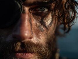 Rugged close-up of a bearded man with an intense gaze, wearing an eye patch and smudged dark makeup, creating a mysterious and adventurous appearance. His hair is tousled and wild photo