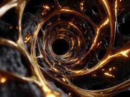Intricate golden tunnel with organic texture and dark void at the center. The curved structure reflects glowing light, creating a sense of depth and movement within the image photo