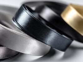 Shiny satin ribbons in black, gray, white, and gold elegantly coiled with soft lighting highlighting their smooth and lustrous textures, creating a luxurious and refined appearance photo