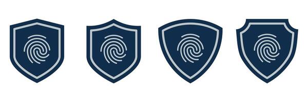 Fingerprint Shield Icons. Cybersecurity Protection Badge Set with Biometric Fingerprint Symbol for Identity Verification, Privacy Access, Security Control, Data Protection and Technology UI vector