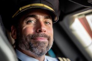 Smiling pilot in uniform with a hat in a cockpit, sunlight illuminating the face, gray beard, focused eyes, professional appearance, close-up portrait, relaxed and confident demeanor photo