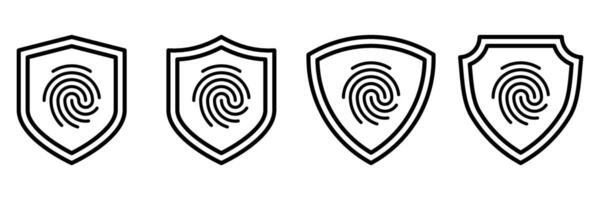 Fingerprint Shield Icons Set. Black Outline Security Emblems with Biometric Symbols. Collection for Identity Protection, Cybersecurity and Access Control Concepts. vector