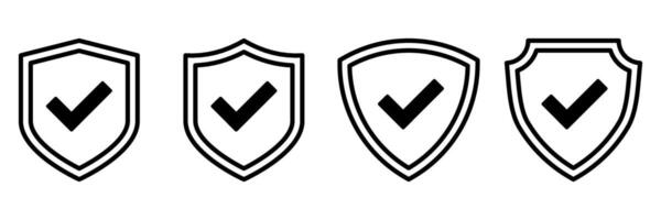 Checkmark Shield Icons. Black Line Security Badge with Tick Mark Set for Approval, Verified Access, Protection, Confirmation. Trust Emblem Design for Cyber, Quality, and Certified Concepts vector