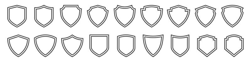 Set of blank shield outline icons. Collection of simple heraldic badge shapes, black linear emblems, frames or coat of arms templates for logo, label, or security symbol design. Editable Stroke vector