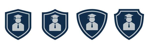 Education Security Badge Icons. Graduation Cap and Shield Set in Blue and Gray. Academic Emblem Collection for Certification, Learning Safety and School Protection Concepts. vector