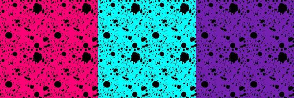 Ink splatter seamless pattern set on neon crimson, blue, purple backgrounds. Grunge texture design with black paint drops. Artistic backdrop for pop art, graffiti, and creative projects. vector