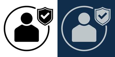 User profile verification icon with shield and check mark in black and blue. Identity authentication symbol for privacy, security access, or account protection UI,UX design concept. vector