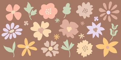 Cute pastel flower collection on Mocha Mousse background. Flat floral elements in soft vintage colors for boho design, spring decor, kids pattern, greeting cards, and textile print projects. vector