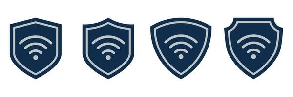 Wi-Fi Protection Shield Icons Set. Secure Wireless Internet Symbols in Blue Badges. Digital Privacy and Network Safety Design Elements for Cybersecurity Illustrations and Online Technology vector