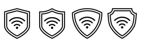 Wi-Fi Signal Protection Icons. Black Line Shield Set for Secure Internet Access and Cybersecurity Illustrations. Outline Wireless Network Symbols for Tech Safety and Privacy Concepts vector