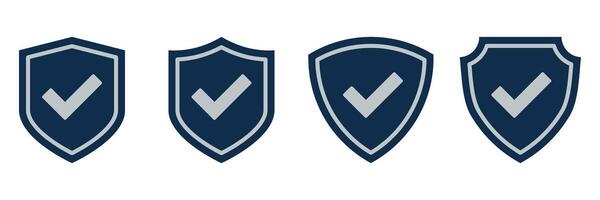 Checkmark Shield Icons. Security Badge with Tick Mark Set for Approval, Verified Access, Protection, Confirmation. Blue Trust Emblem Design for Cyber, Quality, and Certified Concepts vector