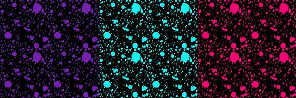 Seamless neon paint splatter pattern. Colorful grunge ink drops texture with violet, cyan, and pink colors. Urban spray art background for fabric, wrapping, wallpaper, and modern design. vector