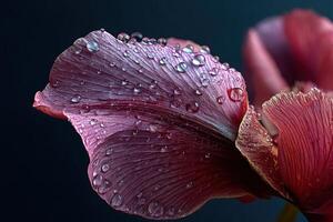 Close-up of a vibrant pink flower petal with detailed texture, adorned with glistening water droplets, offering a rich contrast and deep color gradients throughout the surface photo