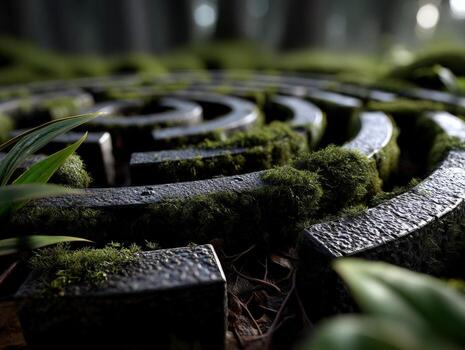 cubierto de musgo Roca laberinto en un bosque configuración, capturado en de cerca, con luz de sol filtración mediante arboles lozano verdor y suave atención crear un encantador, místico atmósfera foto