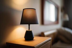 Elegant black lamp sits on wooden bedside table, softly illuminating the room with warm light. Out of focus in the background, a bed and large mirror add depth to the cozy setting photo