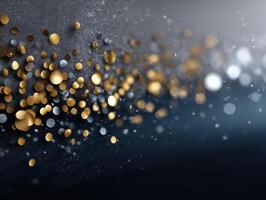 Golden and silver particles scatter across a dark background, creating an abstract, festive, and shimmering effect that conveys a sense of elegance and celebration photo