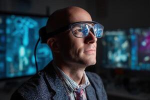 Bald man wearing large glasses connected by cable on left side gazes at futuristic blue screen, dressed formally in patterned suit and colorful tie, room dimly lit with technology photo