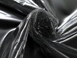 Crinkled shiny black plastic wrap with swirling folds and reflective surfaces, showing intricate textures and highlights. The composition emphasizes abstract forms and glossy textures photo