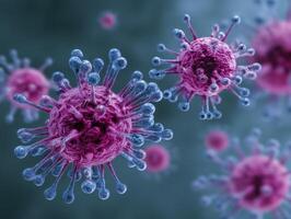 Pink and purple spiky virus-like structures with detailed textures and close-up view, floating against a blurred teal background, conveying a microscopic and biological theme photo
