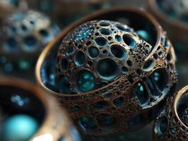 Intricate spherical structure with numerous circular cutouts, metallic and blue colors blend seamlessly, evoking a sense of futuristic design and complexity, highlighted by light and shadow photo