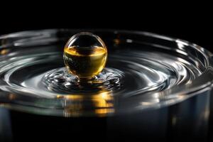 Golden sphere floats on rippling liquid surface, reflecting light. Smooth, reflective textures create a mesmerizing pattern, highlighting contrast between light and shadow photo