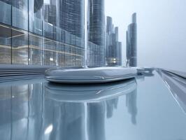 Futuristic urban cityscape with sleek, reflective architecture and metallic surfaces. Tall, cylindrical skyscrapers form a modern skyline, with a smooth, circular object in the foreground photo