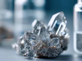 Cluster of clear, pointed crystals on rough gray rock. Background features soft-focus cylindrical objects. Lighting highlights transparency and facets of the crystals photo