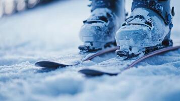 Snow-covered ski boots rest on parallel skis, captured in an up-close view amidst a snowy landscape. The detail highlights the texture of the boots and the freshness of the snow photo