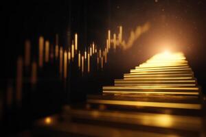 Golden lighted stairs ascend towards a glowing horizon, with financial graph bars on the upper left. The scene conveys a sense of progress and success elegance and ambition are emphasized photo