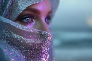 Close-up of a person with vivid blue eyes, wrapped in a shimmering silver fabric, reflecting purple and pink hues, with a soft-focused background, creating an ethereal atmosphere photo