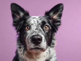 Close-up of a black and white spotted dog with alert expression and upright ears, staring directly at the camera. The dog has yellow eyes and a fluffy, textured coat photo
