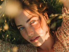 Young woman with freckles lying on grass, sunlight casting artistic shadows on her face. She has captivating blue eyes and wears a floral-patterned top, surrounded by soft-focus foliage photo