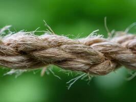 A close-up of a thick, textured natural fiber rope, showcasing its detailed strands and coarse texture, with a blurred green backdrop, emphasizing the rope's rugged appearance photo