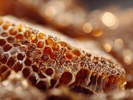 Golden honeycomb in close-up, showcasing intricate hexagonal patterns with glistening honey droplets. A bokeh effect in the background adds a warm, soft glow to the composition photo
