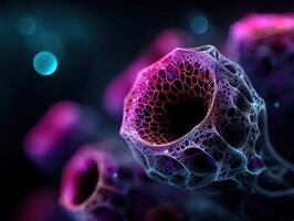 Futuristic close-up of vibrant, translucent tubular structures with intricate mesh patterns, glowing in neon hues of pink and purple, against a softly blurred, dark background. Circular light spots photo