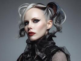 Unique hairstyle features black and white curls with red accents, striking makeup with bold eyeliner and red lipstick, mesh outfit, and intense expression reflecting a dramatic style photo
