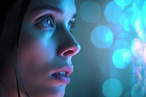 A woman's face is illuminated by soft blue and pink light, gazing intently at glowing orbs. Her expression is thoughtful with a serene background of blurred bokeh circles photo