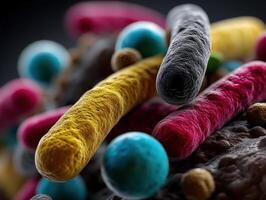 Colorful microscopic view of bacteria or microbes with a variety of shapes, featuring vibrant yellow, pink, gray, blue, and beige hues. Detailed texture and depth are vividly depicted photo